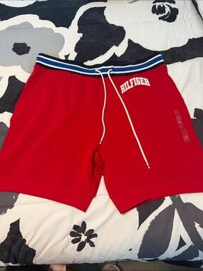 Tommy Hilfiger Red Men's Athletic Shorts with Striped Waistband
